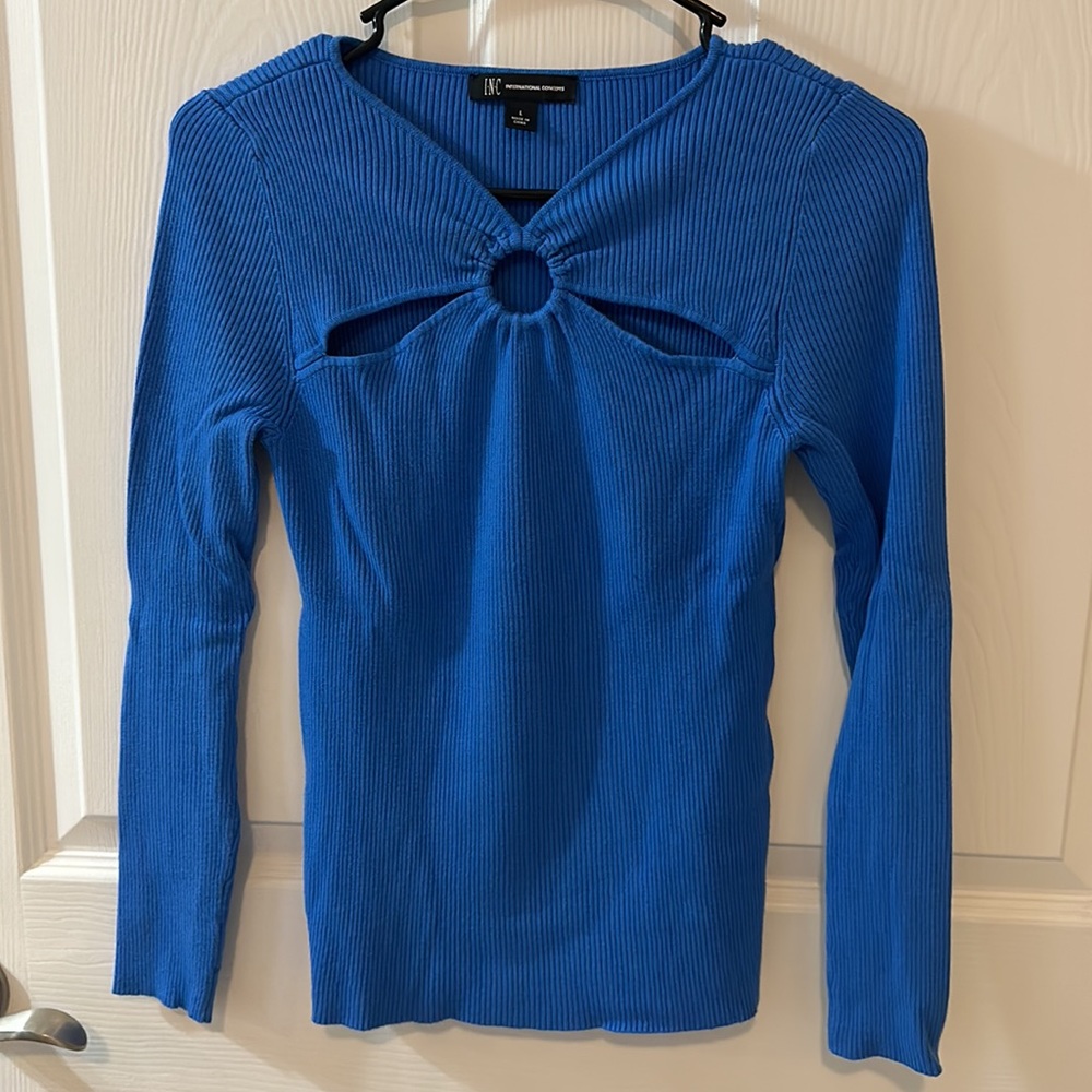 NWOT I.N.C royal blue ribbed knit top cutout pick a boo details